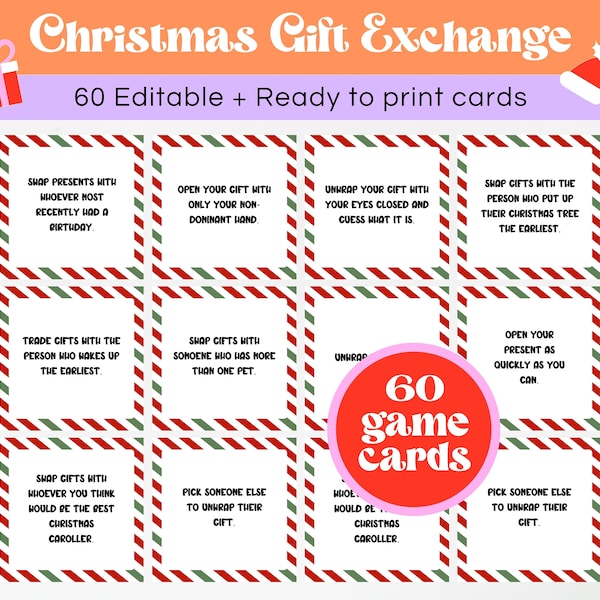 Christmas Gift Exchange Game, Printable Christmas Games, White Elephant Gift Exchange Game, Christmas Family Game, Gift Exchange Game Cards