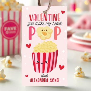 Bearbeitbarer Valentinstag Popcorn Geschenkanhänger, du machst mein Herz Poptag, Schule Valentinstag Karten, druckbar, Popcorn Tag, druckbar, sofort Download