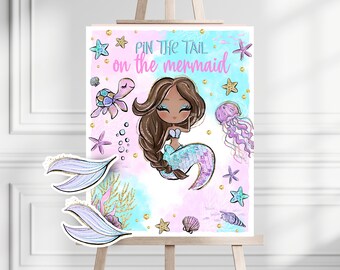 Pin The Tail On The Mermaid Game Sign, Mermaid Pin The Tail Game, Mermaid Party Game, Glitter Mermaid Party, Mermaid Birthday Activity