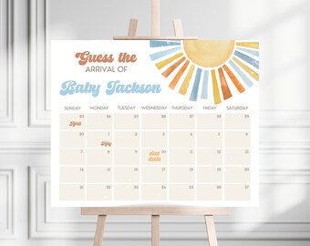 May include: A printable baby shower game with a watercolor sun design. The game is a calendar with the days of the week and dates. The text "Guess the Arrival of Baby Jackson" is at the top of the calendar. The due date is marked on the calendar.