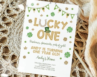 Editable St Patrick's Day Birthday Invitation, Lucky One birthday Party Invite, Printable Shamrock Clover Birthday Invite