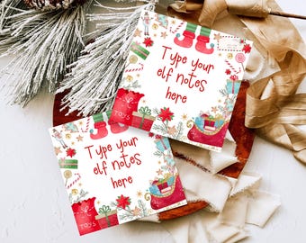 Puede incluir: Dos tarjetas de notas de elfo de Navidad imprimibles con fondo blanco y borde rojo, verde y dorado. Las tarjetas presentan una variedad de ilustraciones navideñas, incluidos elfos, regalos, bastones de caramelo y juguetes. El texto en las tarjetas dice "Type your elf notes here".