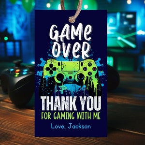 Etichetta modificabile per bomboniere di compleanno a tema videogioco, etichetta di ringraziamento per festa di compleanno per ragazzi gamer, festa per gamer al neon, etichetta per festa di compleanno Level Up, VGBC01