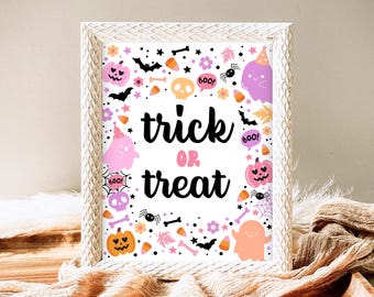 Trick Or Treat Sign Spooky Birthday, Halloween Birthday Decor Sign, Spooky Party Sign, Pink And Purple Halloween Decor, Printable, PHBP01