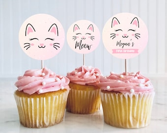 Editable Kitty Cat Birthday Cupcake Toppers, Cat Birthday Toppers, Kitten Birthday Cake, Pink Toppers, Pink Kitten Birthday Theme, KGBP02