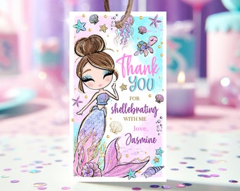 Etiqueta de regalo de cumpleaños de sirena editable, etiquetas de agradecimiento de cumpleaños de sirena, decoración de mesa de cumpleaños de sirena con brillantina, decoración de fiesta bajo el mar