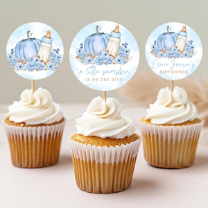 Editable Fall Baby Shower Cupcake Toppers, Blue Pumpkin Baby Shower, Fall Boy Baby Shower, Autumn Baby Shower, Fall Cake Toppers, FPBS03