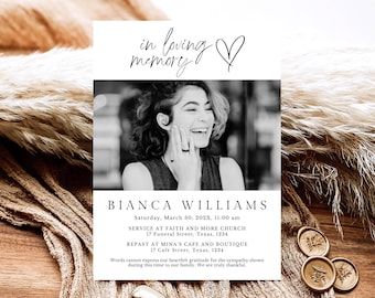May include: A black and white photo of a woman smiling. The text reads "in loving memory" with a heart symbol and "BIANCA WILLIAMS". The text below the photo includes the date, time, and location of a service and repast. The text reads "Saturday, March 30, 202X, 11:00 am SERVICE AT FAITH AND MORE CHURCH 17 Funeral Street, Texas, 1234 REPAST AT MINA'S CAFE AND BOUTIQUE 17 Cafe Street, Texas, 1234 Words cannot express our heartfelt gratitude for the sympathy shown during this time to our family. We are truly thankful."