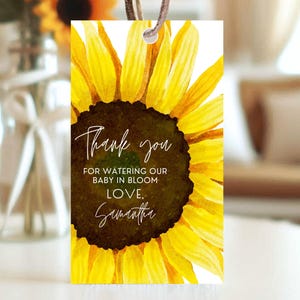 Bewerkbaar label met zonnebloem babyshower: bedanksjabloon (digitale download)
