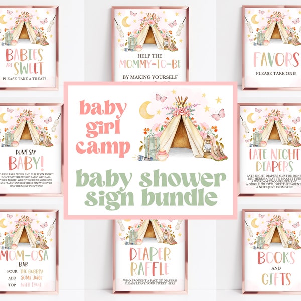 Girl Camp Baby Shower Sign Bundle, Camp Baby Shower Decorations, Pink Girl Teepee Baby Shower, Girl Camping Baby Shower Signs, Girl Woodland