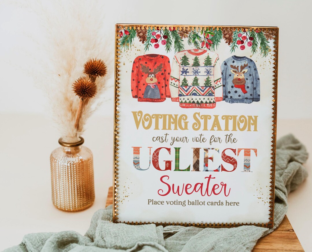Editable Ugly Sweater Party Voting Station Sign, Christmas Ugly Sweater ...