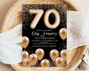 Black and Gold 70th Birthday Invitation: Modern Design (Digital Download, 5x7 inch Template)
