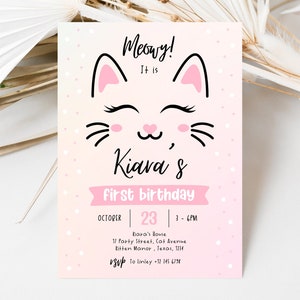 Editable Kitten First Birthday Invitation, Cat Birthday Invite, Kitten Birthday Invite, Kitten Invite, Pink Kitten Birthday Theme, KGBP02