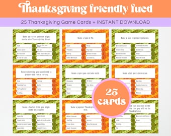 May include: 25 Thanksgiving game cards with orange and green striped backgrounds. Each card has a question related to Thanksgiving, with a number next to each answer.  The cards are designed to be used for a Thanksgiving-themed game.
