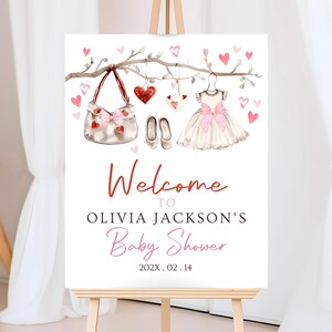 Editable Valentine Baby Shower Welcome Sign, A Little Sweetheart Baby Shower Sign, Pink Red Hearts Baby Shower Welcome Sign, Download, VDC07
