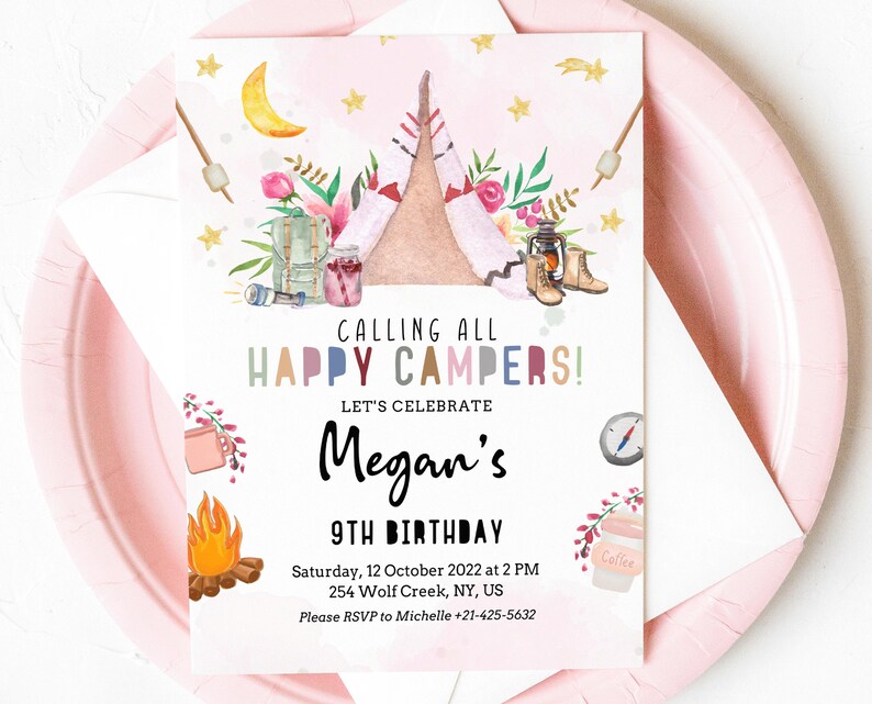 May include: A colorful invitation for a 9th birthday party with a camping theme. The invitation features a watercolor illustration of a tent, a campfire, a compass, and other camping gear. The text on the invitation reads "Calling all Happy Campers! Let's Celebrate Megan's 9th Birthday. Saturday, 12 October 2022 at 2 PM, 254 Wolf Creek, NY, US. Please RSVP to Michelle +21-425-5632."