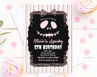 Retro Doodle Whimsical Ghost Birthday Invitation Blush Pink Bow Girl Spooky Party Invite Editable Cute Halloween Birthday Printable Download