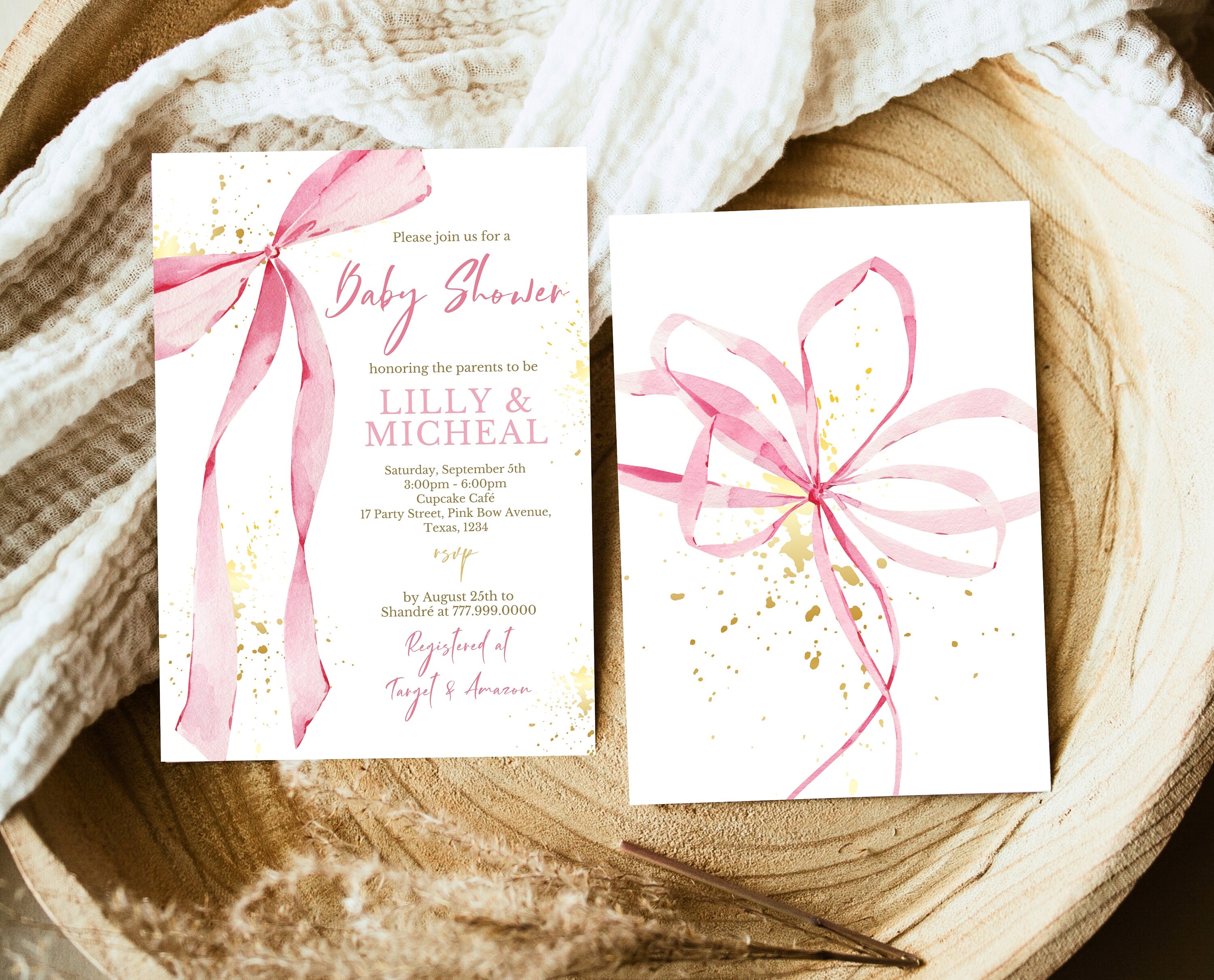 Editable Pink Bow Baby Shower Invitation Blush and Gold Printable Girl ...