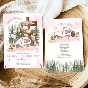 May include: A pink and green invitation for a 7th birthday party with a camping theme. The invitation features a cartoon illustration of a campsite with a tent, a campfire, and a sign that says "Meghan's Camp". The text on the invitation reads "You're Invited to Meghan's 7th Birthday, June 27-31, 2 PM".