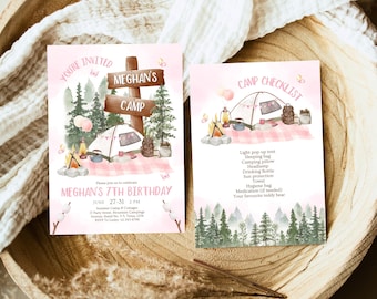 May include: A pink and green invitation for a 7th birthday party with a camping theme. The invitation features a cartoon illustration of a campsite with a tent, a campfire, and a sign that says "Meghan's Camp". The text on the invitation reads "You're Invited to Meghan's 7th Birthday, June 27-31, 2 PM".