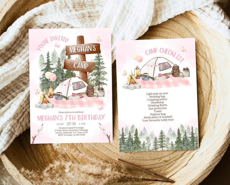 May include: A pink and green invitation for a 7th birthday party with a camping theme. The invitation features a cartoon illustration of a campsite with a tent, a campfire, and a sign that says "Meghan's Camp". The text on the invitation reads "You're Invited to Meghan's 7th Birthday, June 27-31, 2 PM".