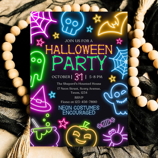 Editable Neon Halloween Costume Party Invitation, Spooky Halloween Party Invite, Printable Neon Halloween Birthday Invite, Neon Halloween