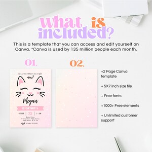 May include: A pink and white Canva template with a cute cat illustration and the text "Are you kitten me right? Meow?"  The template is for a birthday party and says "Megan is turning 5".  The template includes two pages, a 5x7 inch file size, free fonts, 1000+ free elements, and unlimited customer support.