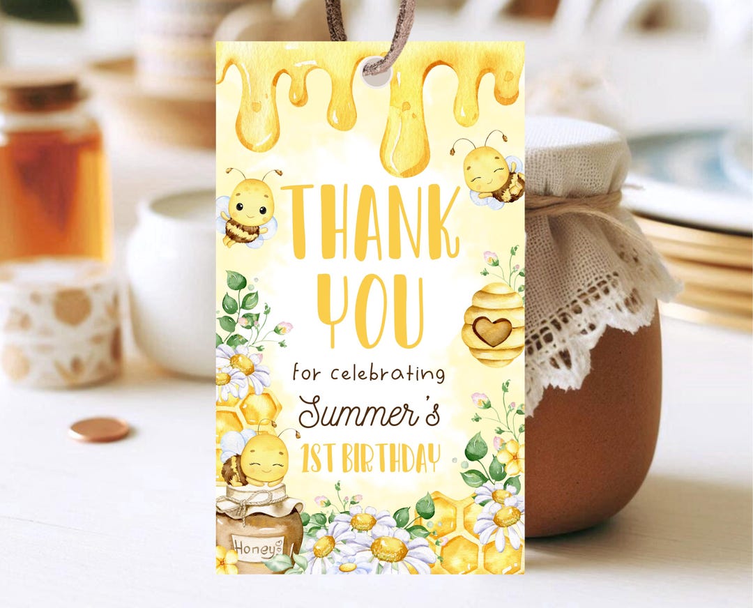 Editable Honey Bee Birthday Favor Tag: Sweet One Thank You (digital ...
