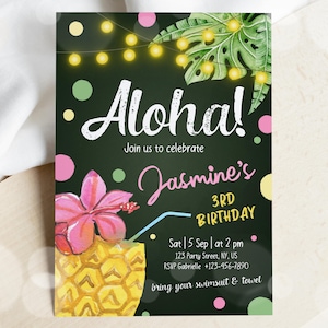 Bearbeitbare Hawaiian Luau-Geburtstags-Einladung Tropische Pool-Party Aloha Luau Party Hawaii-Geburtstag Hawaii Tiki Tropical Printable Download