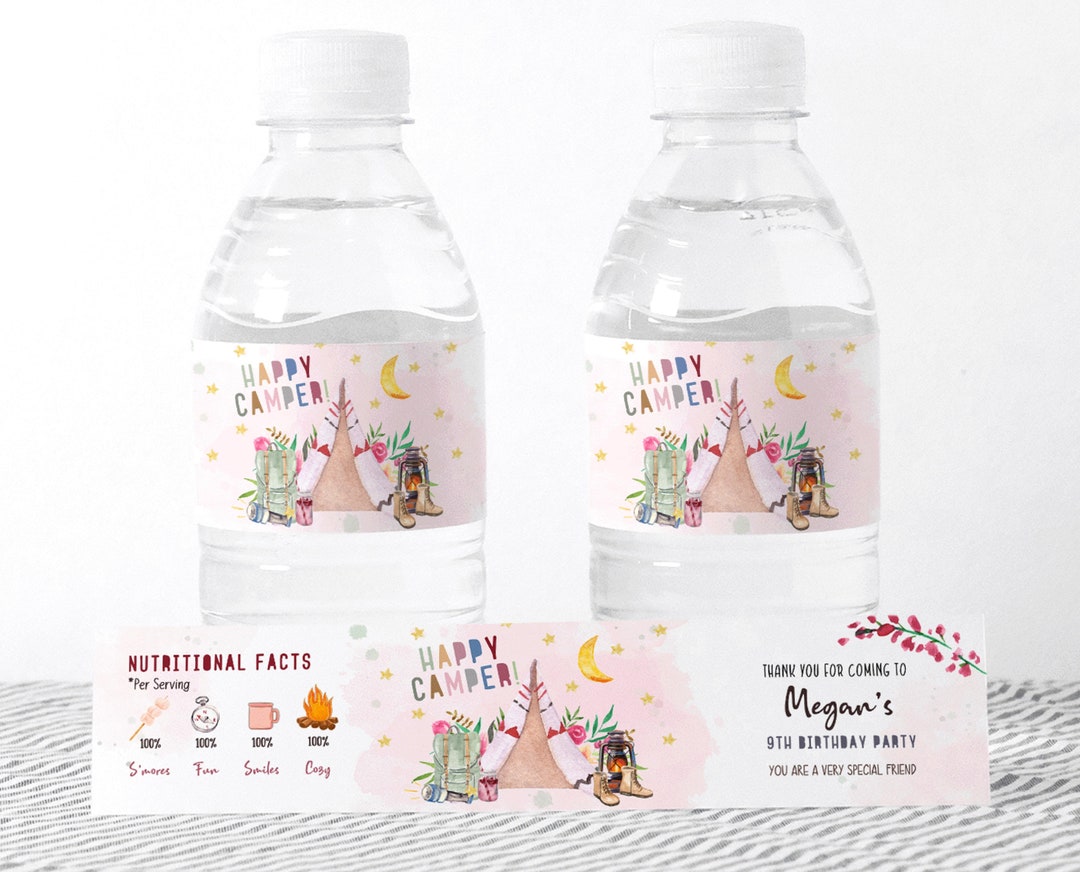 Editable Girl Camp Party Water Bottle Label Camp Out Birthday Outdoor ...