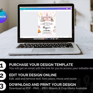 May include: A laptop screen displaying a printable invitation template for a birthday party. The invitation features a whimsical camping theme with a pink tent, a campfire, and the text "Calling all Happy Campers! Let's Celebrate Megan's 6th Birthday".