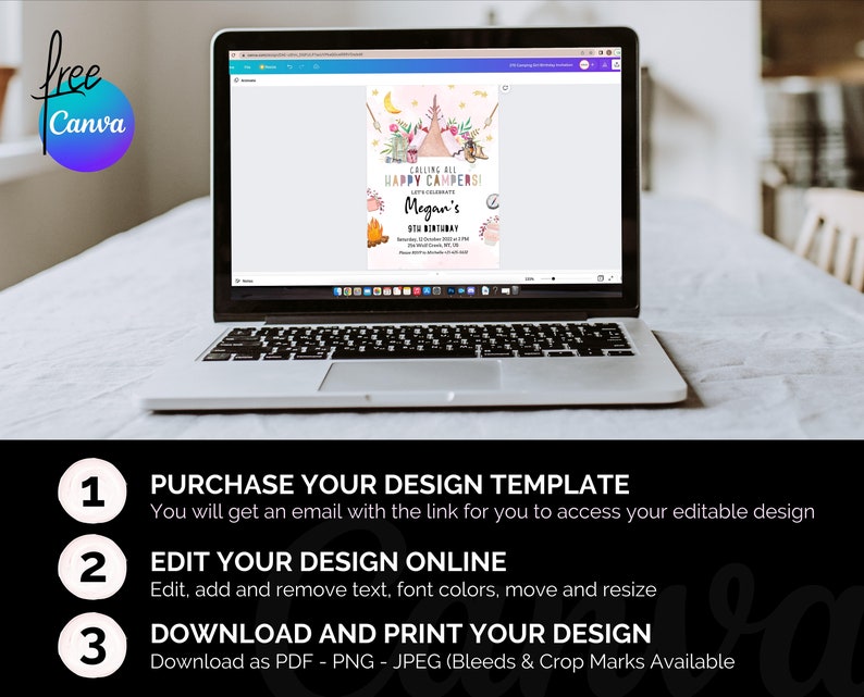 May include: A laptop screen displaying a printable invitation template for a birthday party. The invitation features a whimsical camping theme with a pink tent, a campfire, and the text "Calling all Happy Campers! Let's Celebrate Megan's 6th Birthday".