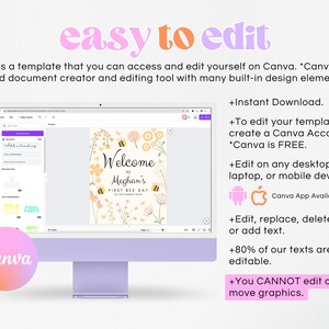 Op de afbeelding: Een computerscherm met een Canva-sjabloon voor een uitnodiging voor een eerste bijenfeestje. Het sjabloon heeft een bloemenontwerp met bijen en de tekst "Welkom bij Meghan's First Bee Day". De tekst op het scherm beschrijft hoe je het sjabloon kunt bewerken met Canva.