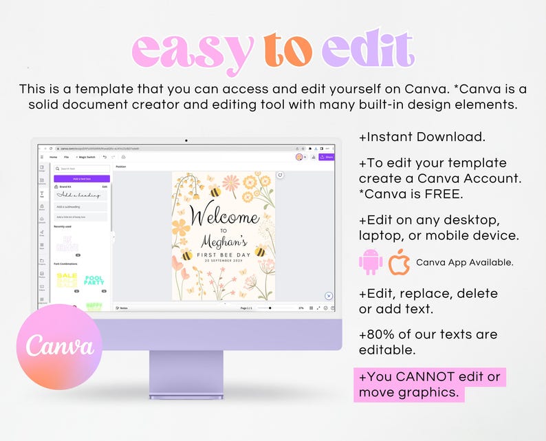 Op de afbeelding: Een computerscherm met een Canva-sjabloon voor een uitnodiging voor een eerste bijenfeestje. Het sjabloon heeft een bloemenontwerp met bijen en de tekst "Welkom bij Meghan's First Bee Day". De tekst op het scherm beschrijft hoe je het sjabloon kunt bewerken met Canva.