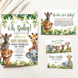 Editable Oh Boy Safari Baby Shower Invitation Bundle, Jungle Baby Shower Invite Bundle, Greenery Jungle Safari Animals Invitation Set