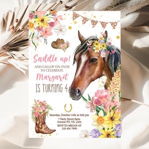 Editable Floral Horse Birthday Invitation Template, Girl Saddle Up Invite, Cowgirl Party Horse Invite, Pink Floral Farm Birthday Invitation