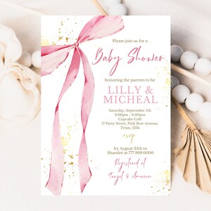 Editable Pink Bow Baby Shower Invitation Blush and Gold Printable Girl ...