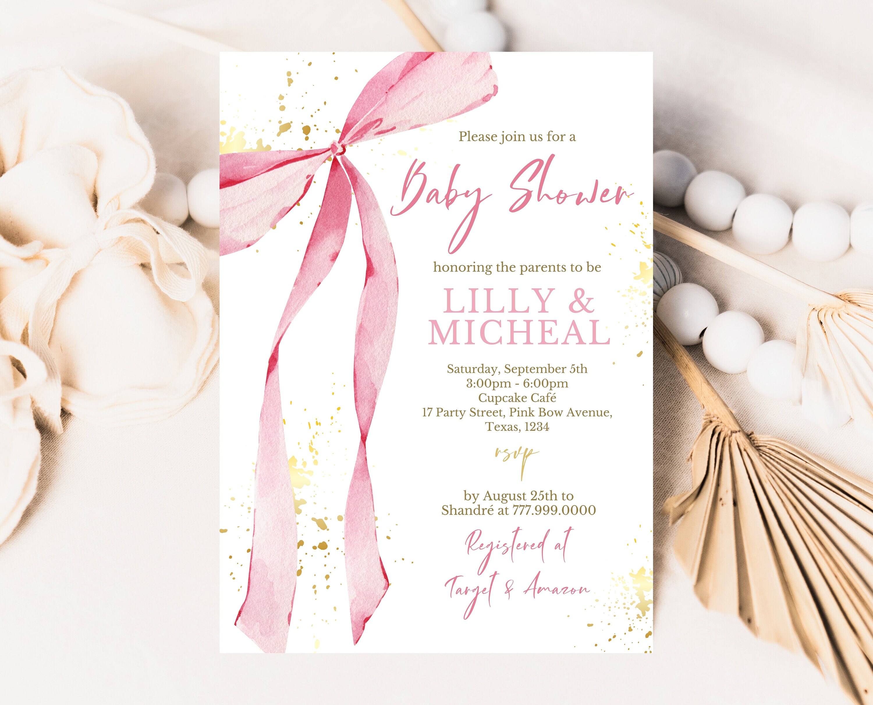 Editable Pink Bow Baby Shower Invitation Blush and Gold Printable Girl ...