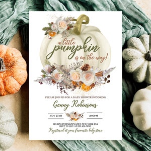 Fall Pumpkin Baby Shower Invitation Template, Little Pumpkin Baby Shower Invitation, Girl Fall Baby Shower Invite Template, Little Pumpkin 画像 1