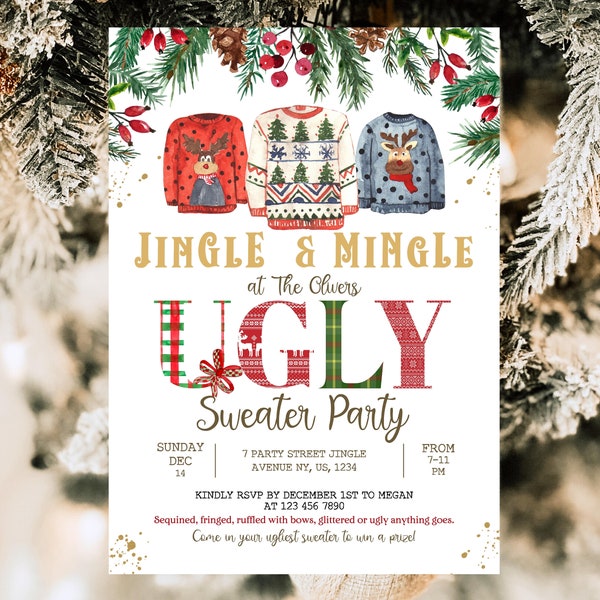 Ugly Sweater Party Invitation Template, Christmas Ugly Sweater Invite, Ugly Sweater Party, Elfed Up Ugly Sweater Party, Instant Download