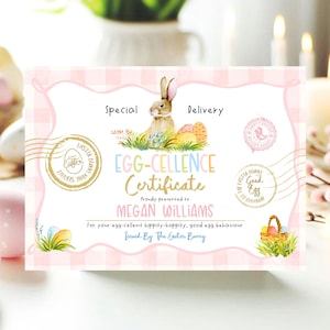 Certificado de conejo de Pascua editable, carta de certificado de Egg-Cellence del conejo de Pascua, carta de canasta de Pascua, descarga instantánea, EPC13