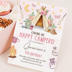 May include: A pink and white birthday invitation with a watercolor illustration of a camping scene. The text reads "Calling all Happy Campers! Let's celebrate Genevieve's 9th Birthday. Saturday, 12 October 2022 at 2 PM. 254 Wolf Creek, NY, US. Please RSVP to Michelle +21-425-5632"