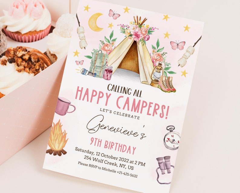 May include: A pink and white birthday invitation with a watercolor illustration of a camping scene. The text reads "Calling all Happy Campers! Let's celebrate Genevieve's 9th Birthday. Saturday, 12 October 2022 at 2 PM. 254 Wolf Creek, NY, US. Please RSVP to Michelle +21-425-5632"