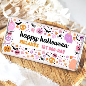 Edytowalny upiorny urodzinowy czekoladowy opakunek, karty urodzinowe na Halloween, upiorny cukierkowy opakunek, szablon tagów Halloween, do wydrukowania, PHBP01