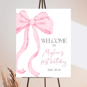 Pink Bow Birthday Welcome Sign: Girl First Birthday (Editable Canva Template)
