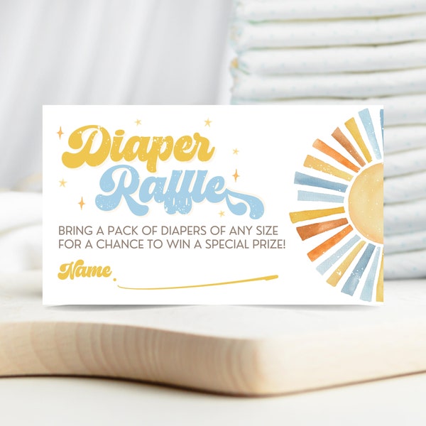 Sunshine Baby Shower Diaper Raffle Ticket, Here Come The Son Baby Shower, Retro Groovy Boy, Sunshine Baby Shower Games HCTS01