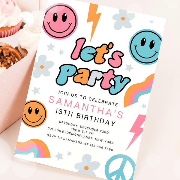 Editable Smiley Face Birthday Invitation, Retro Boy Birthday Party, Printable Smiley First Birthday Party Invite