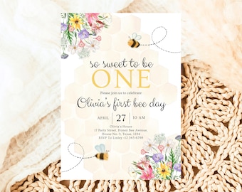 Editable Bee First Birthday Invitation, Sweet To Bee One Birthday Invitation, Bee Day Party, Floral Bee Invitation, Instant Download, GBP26