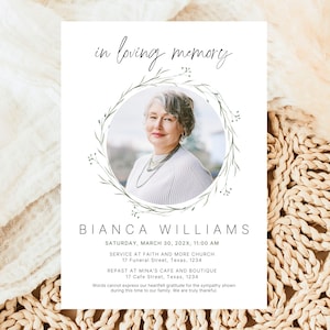 May include: A memorial card with the text "in loving memory" at the top. A photo of a woman is in the center, surrounded by a green wreath. The name "BIANCA WILLIAMS" is below the photo, along with event details.