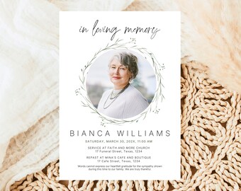 Greenery Memorial Invitation Minimalist Elegant Funeral Service Invite Editable Printable Celebration of Life Digital Download